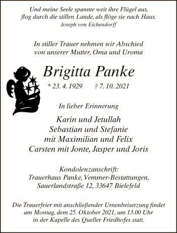 Traueranzeige von Brigitta Panke von Neue Westfälische
