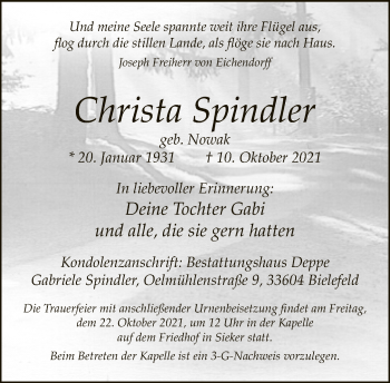 Traueranzeige von Christa Spindler von Neue Westfälische