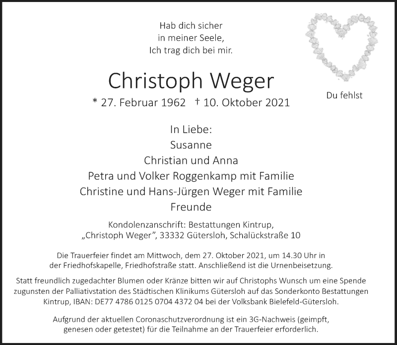  Traueranzeige für Christoph Weger vom 15.10.2021 aus Neue Westfälische