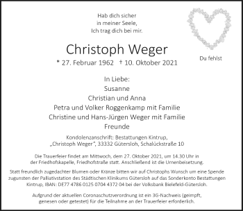 Traueranzeige von Christoph Weger von Neue Westfälische
