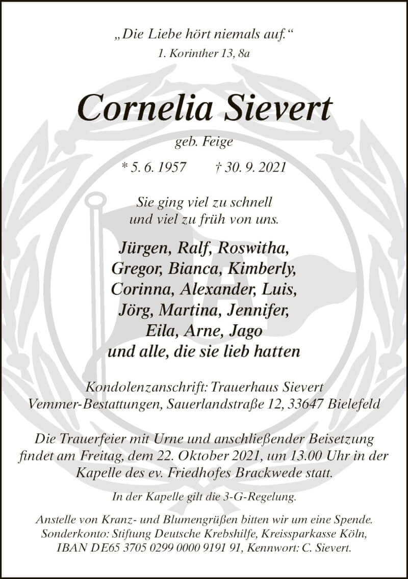  Traueranzeige für Cornelia Sievert vom 02.10.2021 aus Neue Westfälische