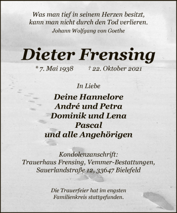 Traueranzeige von Dieter Frensing von Neue Westfälische