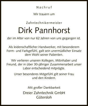 Traueranzeige von Dirk Pannhorst von Neue Westfälische