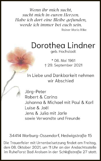 Traueranzeige von Dorothea Lindner von Neue Westfälische