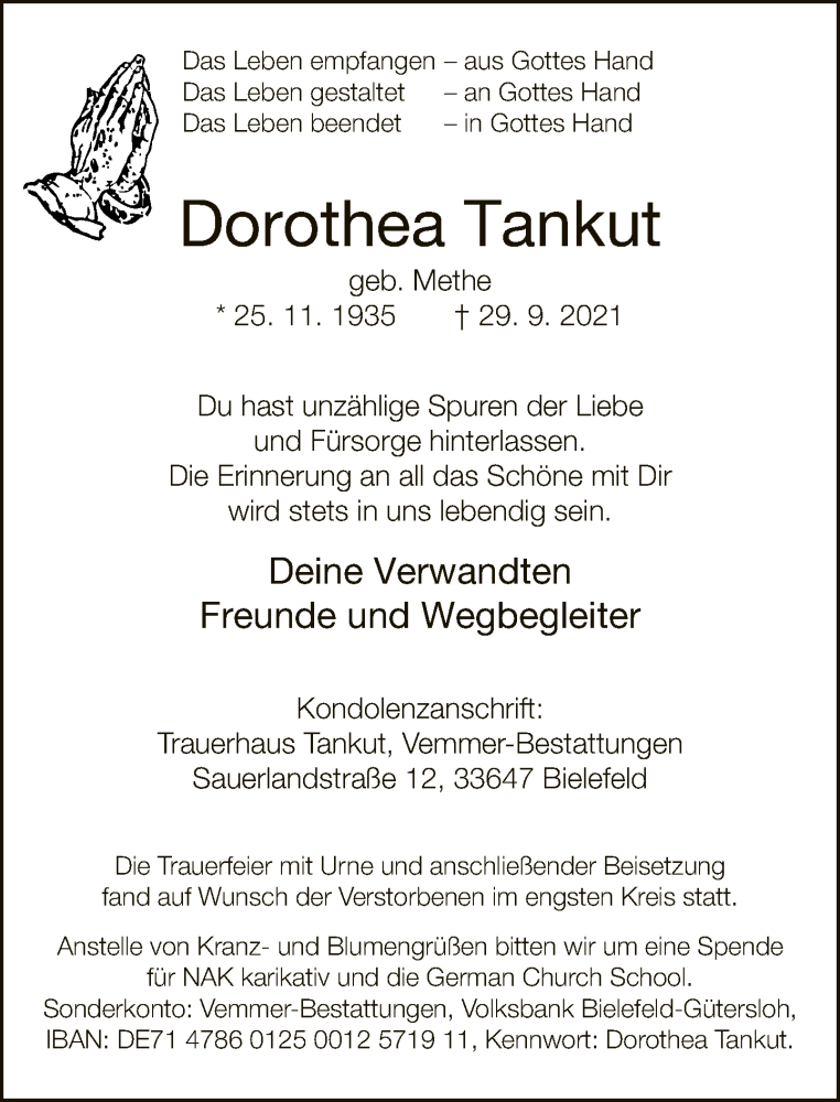  Traueranzeige für Dorothea Tankut vom 16.10.2021 aus Neue Westfälische