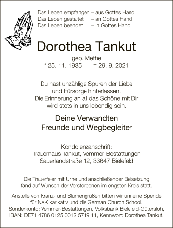 Traueranzeige von Dorothea Tankut von Neue Westfälische