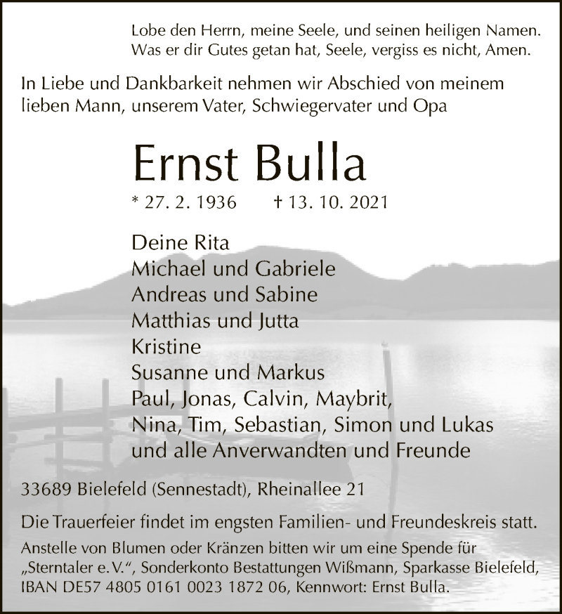  Traueranzeige für Ernst Bulla vom 16.10.2021 aus Neue Westfälische