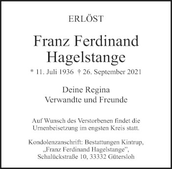 Traueranzeige von Franz Ferdinand Hagelstange von Neue Westfälische