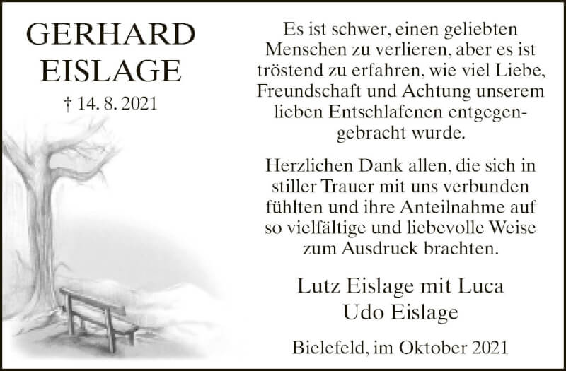  Traueranzeige für Gerhard Eislage vom 09.10.2021 aus Neue Westfälische