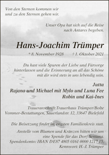 Traueranzeige von Hans-Joachim Trümper von Neue Westfälische