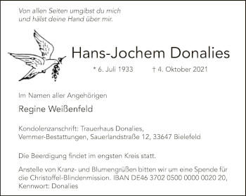 Traueranzeige von Hans-Jochem Donalies von Neue Westfälische