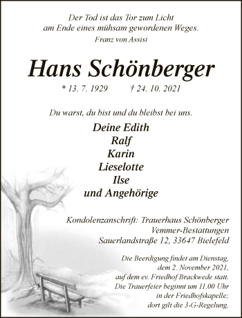 Traueranzeige von Hans Schönberger von Neue Westfälische