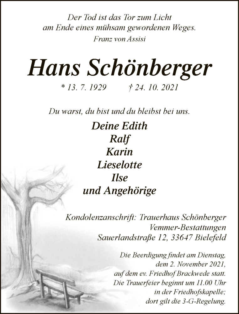  Traueranzeige für Hans Schönberger vom 30.10.2021 aus Neue Westfälische