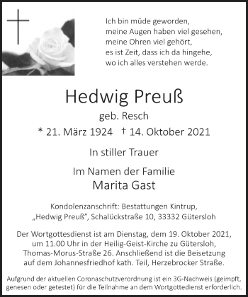 Traueranzeige von Hedwig Preuß von Neue Westfälische