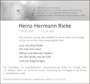 Traueranzeige von Heinz-Hermann Rieke von Neue Westfälische