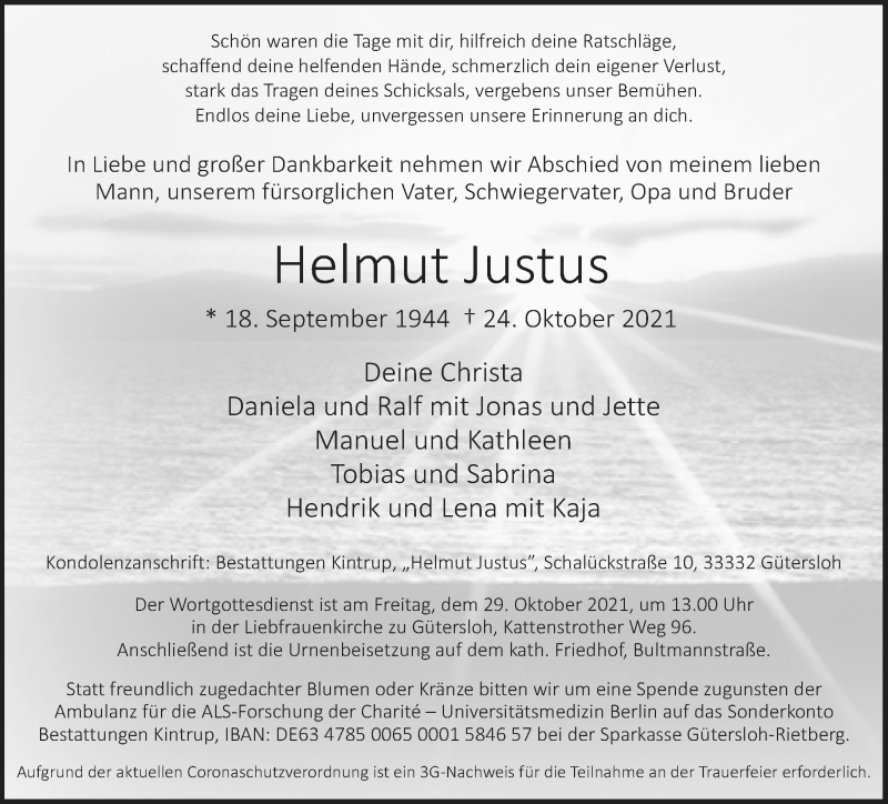  Traueranzeige für Helmut Justus vom 27.10.2021 aus Neue Westfälische