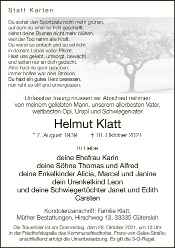 Traueranzeige von Helmut Klatt von Neue Westfälische