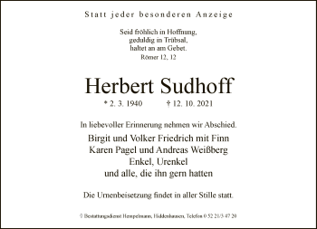 Traueranzeige von Herbert Sudhoff von Neue Westfälische