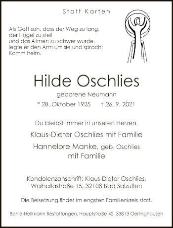 Traueranzeige von Hilde Oschlies von Neue Westfälische