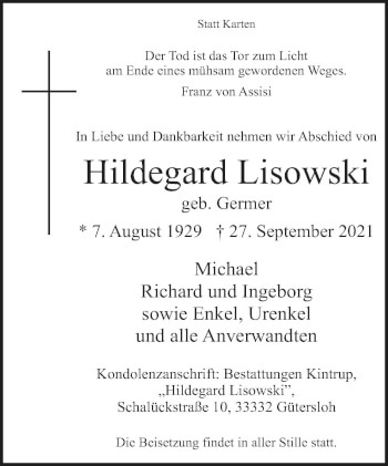 Traueranzeige von Hildegard Lisowski von Neue Westfälische