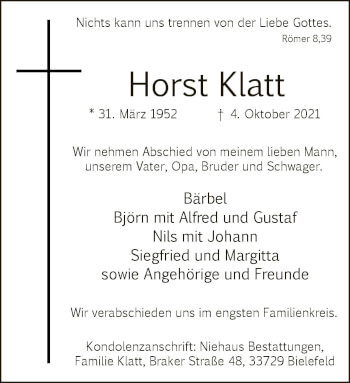 Traueranzeige von Horst Klatt von Neue Westfälische