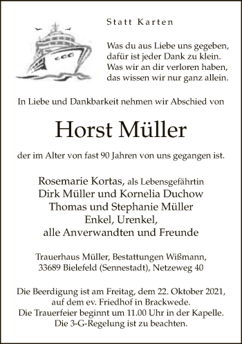 Traueranzeige von Horst Müller von Neue Westfälische