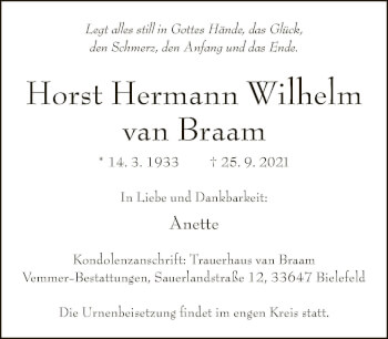 Traueranzeige von Horst Hermann Wilhelm van Braam von Neue Westfälische