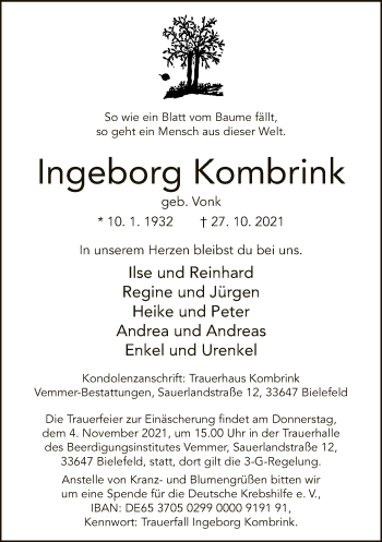 Traueranzeige von Ingeborg Kombrink von Neue Westfälische
