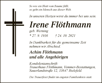 Traueranzeige von Irene Flöthmann von Neue Westfälische
