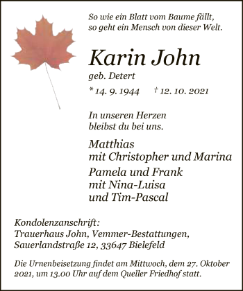 Traueranzeige von Karin John von Neue Westfälische