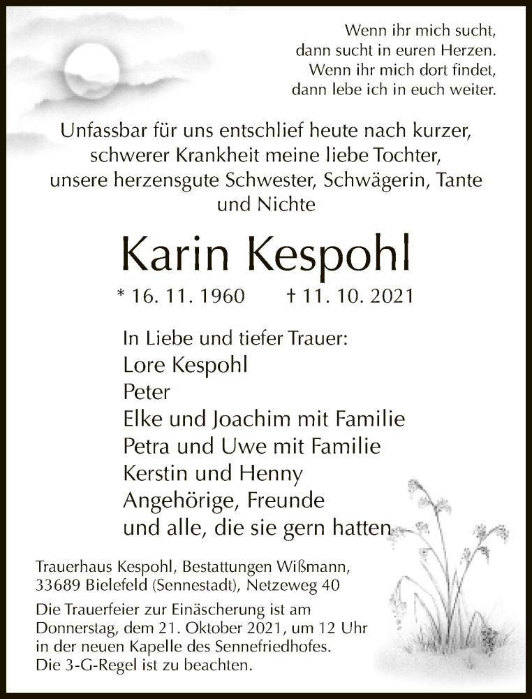  Traueranzeige für Karin Kespohl vom 16.10.2021 aus Neue Westfälische