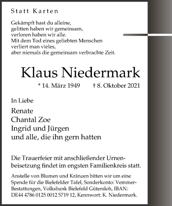 Traueranzeige von Klaus Niedermark von Neue Westfälische