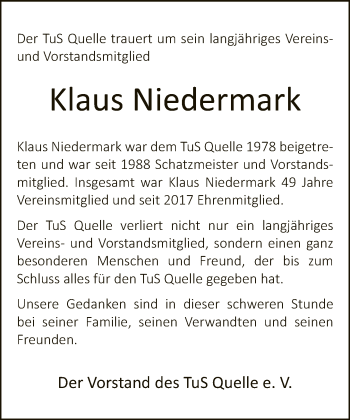 Traueranzeige von Klaus Niedermark von Neue Westfälische