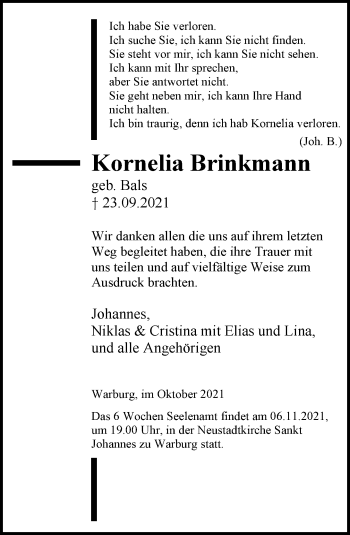 Traueranzeige von Kornelia Brinkmann von Neue Westfälische