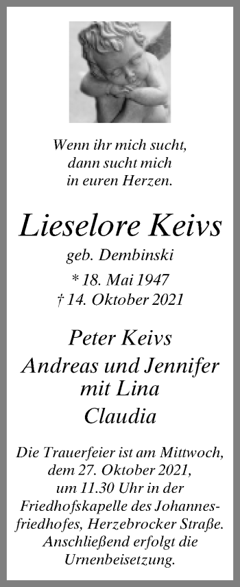 Traueranzeige von Lieselore Keivs von Neue Westfälische