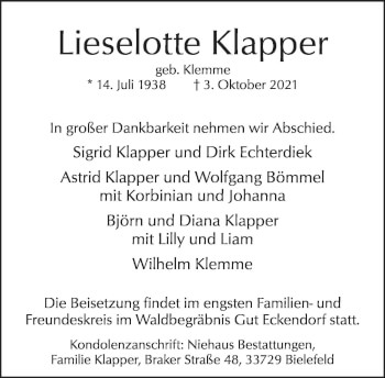 Traueranzeige von Lieselotte Klapper von Neue Westfälische