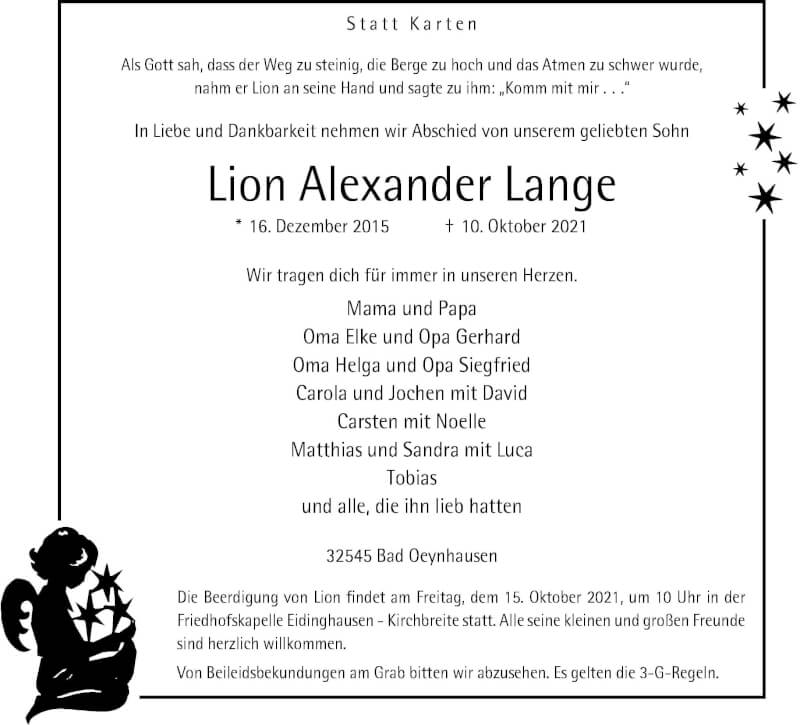  Traueranzeige für Lion Alexander Lange vom 13.10.2021 aus Neue Westfälische