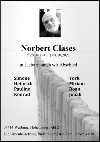 Traueranzeige von Norbert Clases von Neue Westfälische