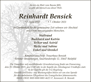 Traueranzeige von Reinhardt Bensiek von Neue Westfälische