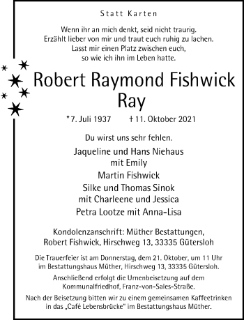 Traueranzeige von Robert Raymond Fishwick von Neue Westfälische