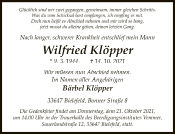 Traueranzeige von Wilfried Klöpper von Neue Westfälische
