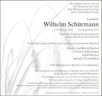 Traueranzeige von Wilhelm Schürmann von Neue Westfälische
