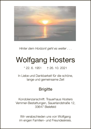 Traueranzeige von Wolfgang Hosters von Neue Westfälische