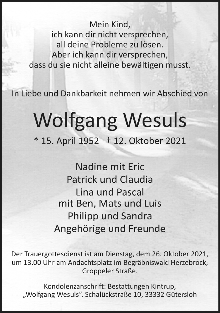  Traueranzeige für Wolfgang Wesuls vom 23.10.2021 aus Neue Westfälische