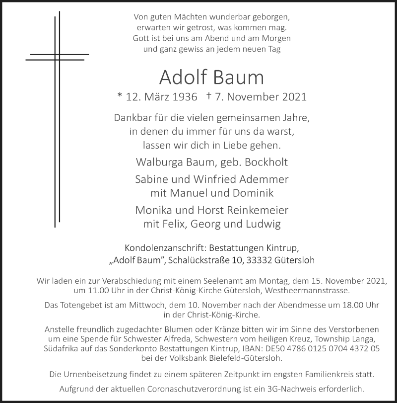  Traueranzeige für Adolf Baum vom 10.11.2021 aus Neue Westfälische