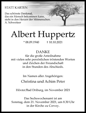 Traueranzeige von Albert Huppertz von Neue Westfälische