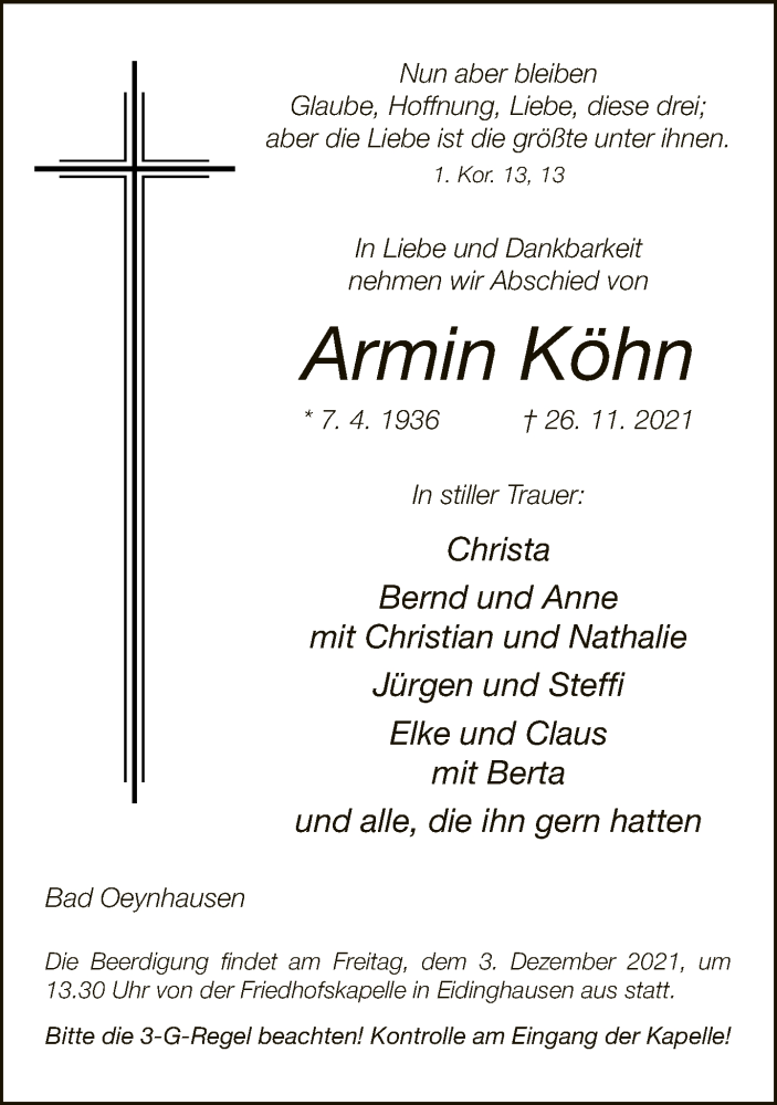  Traueranzeige für Armin Köhn vom 30.11.2021 aus Neue Westfälische