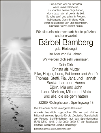 Traueranzeige von Bärbel Bamberg von Neue Westfälische