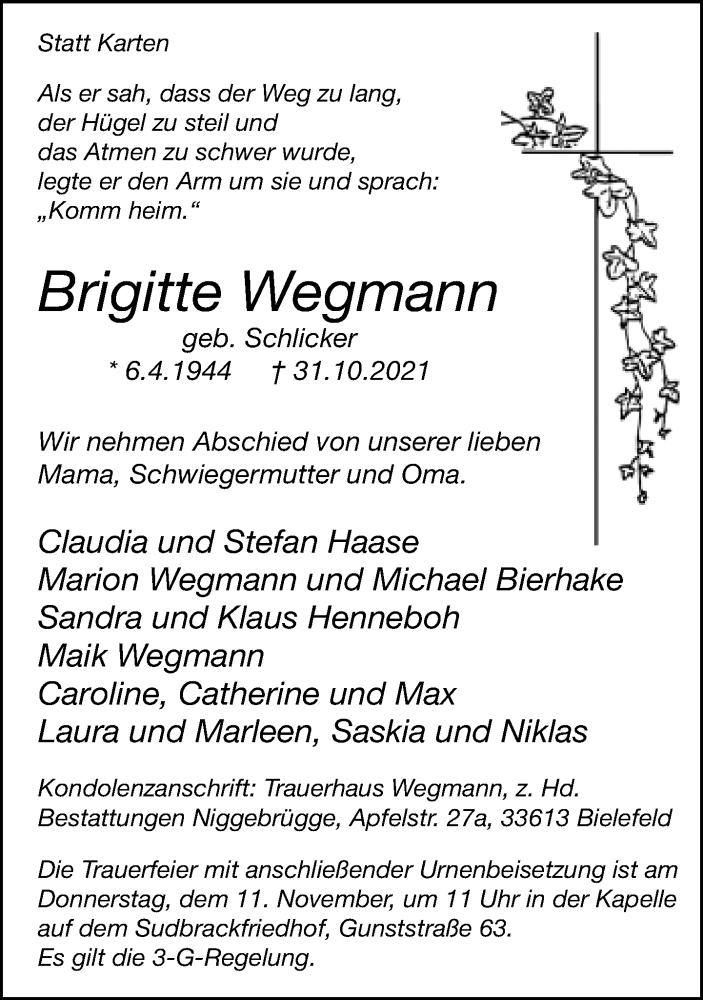  Traueranzeige für Brigitte Wegmann vom 06.11.2021 aus Neue Westfälische