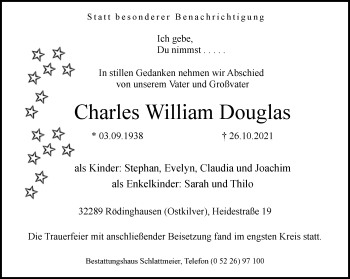 Traueranzeige von Charles William Douglas von Neue Westfälische